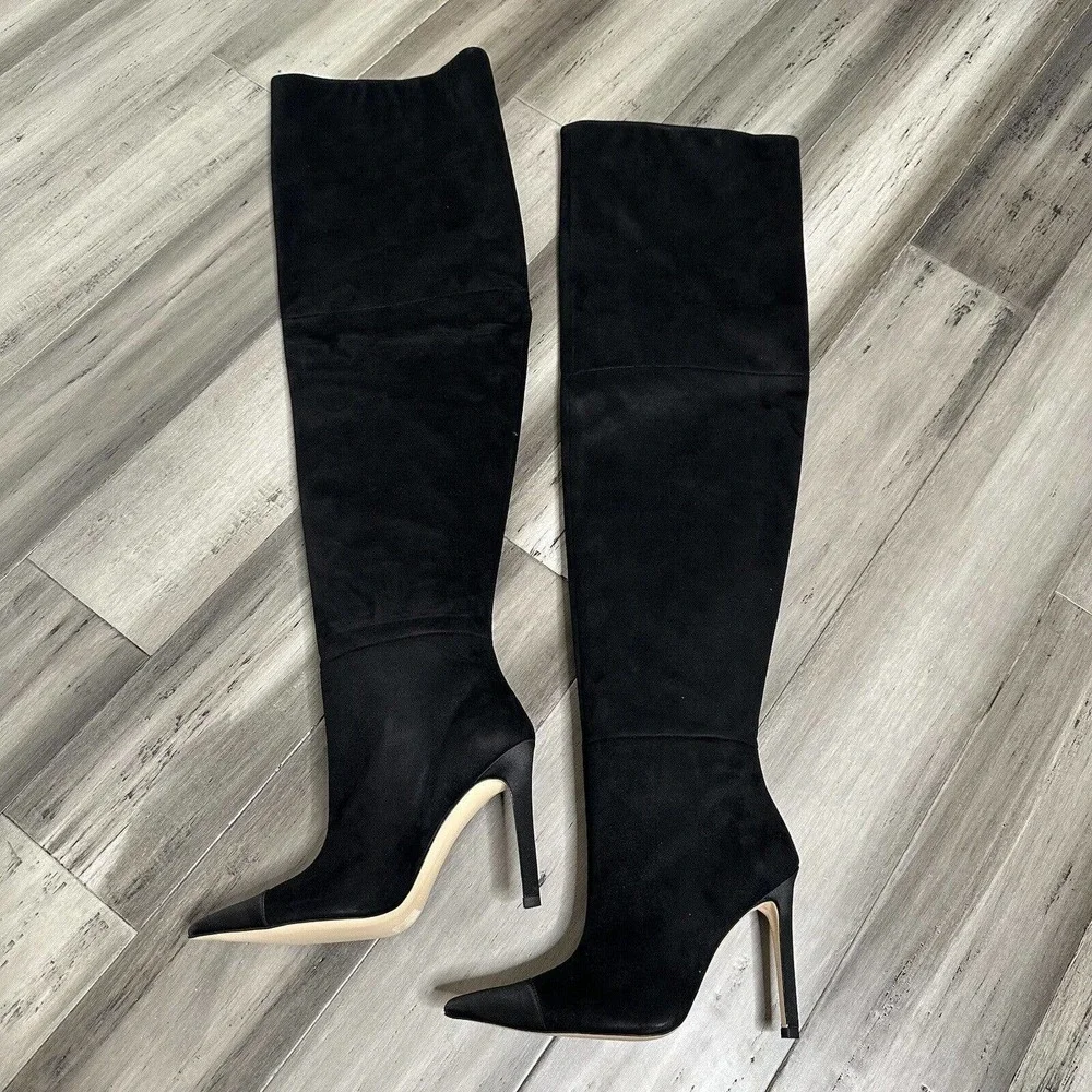NWT Good American Suede Over the Knee Slouch Boot Women's Black Size 5.5